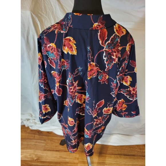 Catherines Blue Short Sleeve Top w Multicolor Leaves 1X Blouse - Picture 5 of 6
